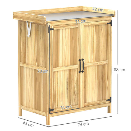 Fir Wood Garden Storage Shed with Metal Worktop and Hinged Roof - Natural Finish