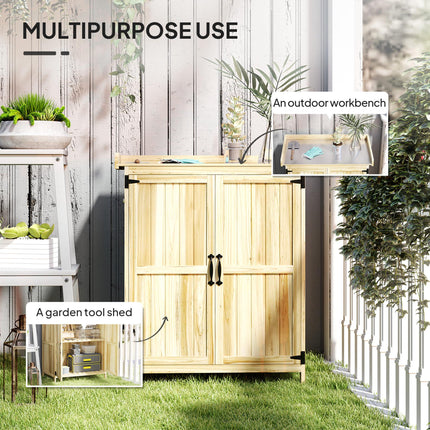 Fir Wood Garden Storage Shed with Metal Worktop and Hinged Roof - Natural Finish
