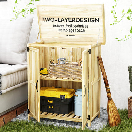 Fir Wood Garden Storage Shed with Metal Worktop and Hinged Roof - Natural Finish