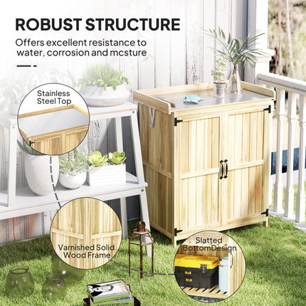 Fir Wood Garden Storage Shed with Metal Worktop and Hinged Roof - Natural Finish