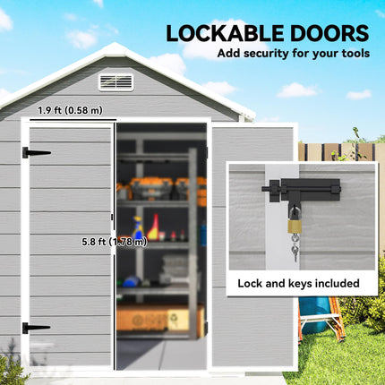 6 x 5ft Plastic Garden Shed with Floor, Window, Lockable Doors & Vents - Dark Grey