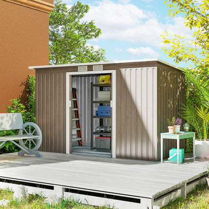 9ft x 4ft Metal Garden Shed with Foundation Kit and Ventilation - Light Grey Wood Grain