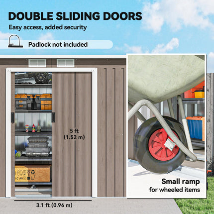 9ft x 4ft Metal Garden Shed with Foundation Kit and Ventilation - Light Grey Wood Grain