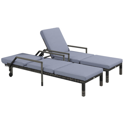 Outdoor PE Rattan Sun Lounger Set of 2, Wicker Chaise Recliner Garden Chair with