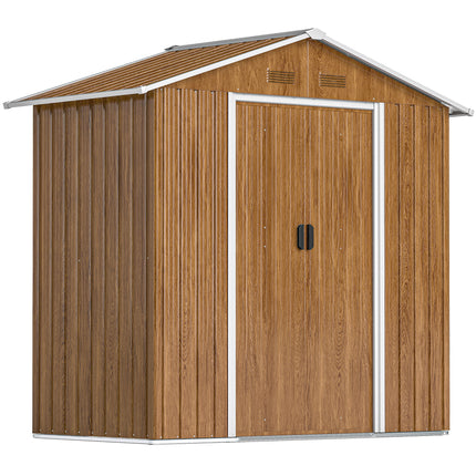 6.5 x 3.5ft Metal Garden Storage Shed with Double Sliding Doors - Brown Wood Effect