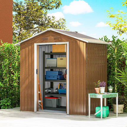 6.5 x 3.5ft Metal Garden Storage Shed with Double Sliding Doors - Brown Wood Effect