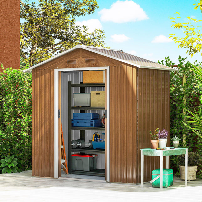 6.5 x 3.5ft Metal Garden Storage Shed with Double Sliding Doors - Brown Wood Effect