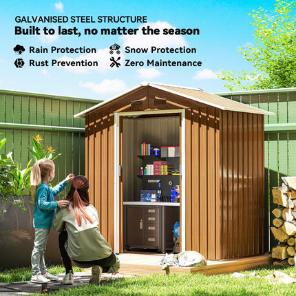 6.5 x 3.5ft Metal Garden Storage Shed with Double Sliding Doors - Brown Wood Effect