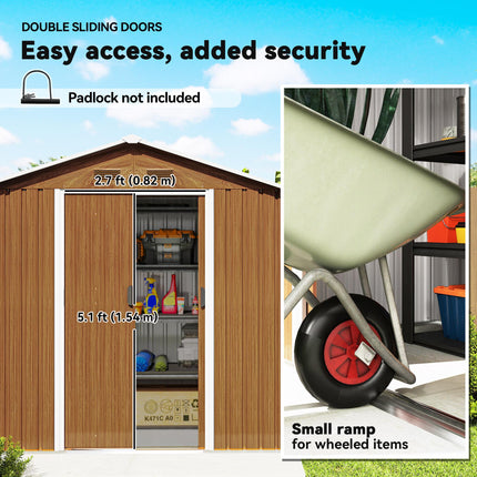 6.5 x 3.5ft Metal Garden Storage Shed with Double Sliding Doors - Brown Wood Effect