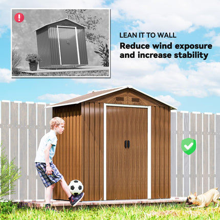 6.5 x 3.5ft Metal Garden Storage Shed with Double Sliding Doors - Brown Wood Effect