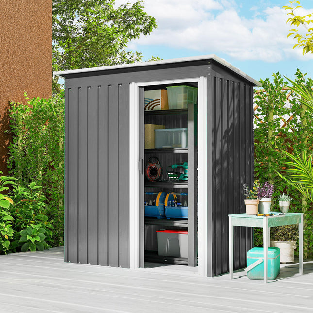 5 x 3ft Garden Storage Shed with Sliding Door and Sloped Roof - Light Grey