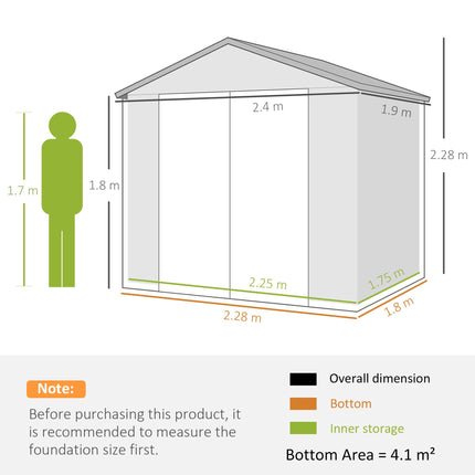 7.9ft x 6.2ft Aluminium Frame Garden Storage Shed with Foundation - Light Grey