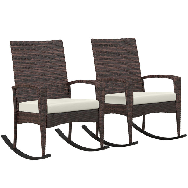 Outdoor PE Rattan Rocking Chair Set of 2 with Armrest and Cushion - Brown
