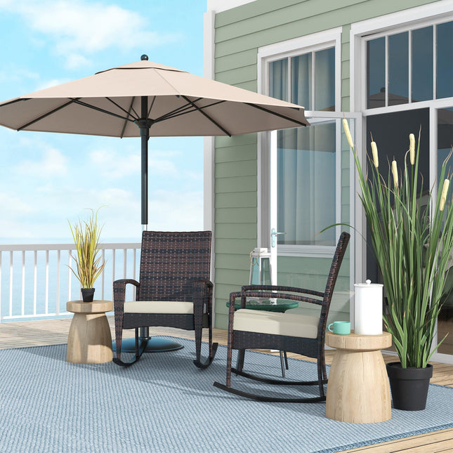 Outdoor PE Rattan Rocking Chair Set of 2 with Armrest and Cushion - Brown