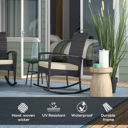 Outdoor PE Rattan Rocking Chair Set of 2 with Armrest and Cushion - Brown