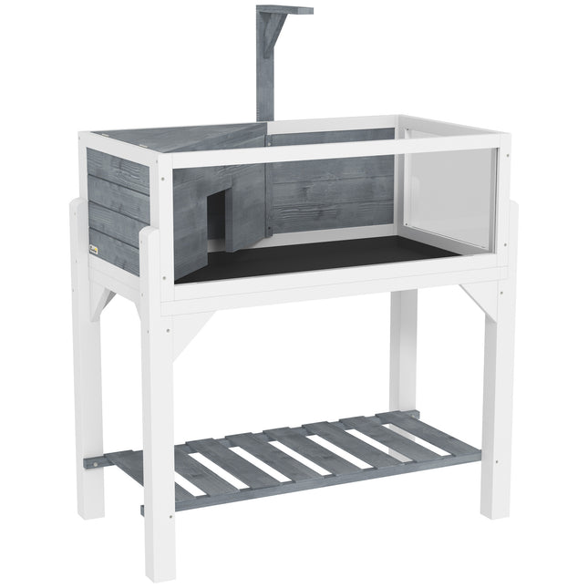 Wooden Tortoise House with Storage Shelf, Observation Windows, Lamp Holder & Openable Top - Grey