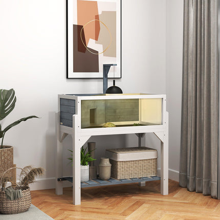 Wooden Tortoise House with Storage Shelf, Observation Windows, Lamp Holder & Openable Top - Grey