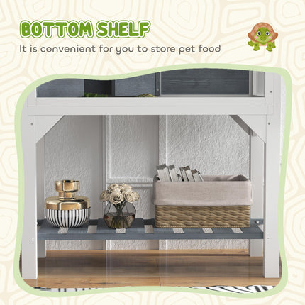 Wooden Tortoise House with Storage Shelf, Observation Windows, Lamp Holder & Openable Top - Grey