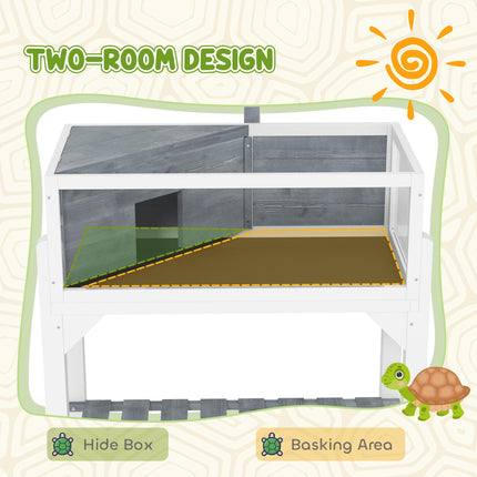 Wooden Tortoise House with Storage Shelf, Observation Windows, Lamp Holder & Openable Top - Grey