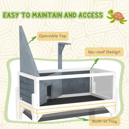 Wooden Tortoise House with Storage Shelf, Observation Windows, Lamp Holder & Openable Top - Grey