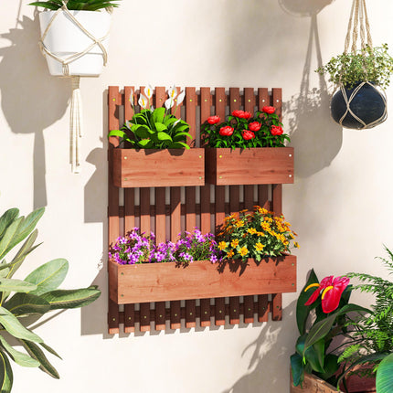Set of 3 Wooden Wall-Mounted Garden Planters with Trellis - Brown