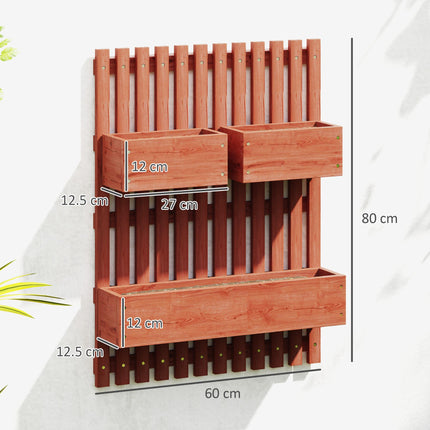 Set of 3 Wooden Wall-Mounted Garden Planters with Trellis - Brown