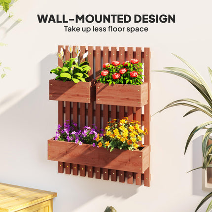 Set of 3 Wooden Wall-Mounted Garden Planters with Trellis - Brown