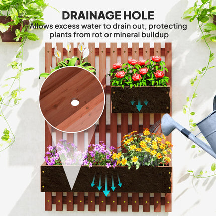 Set of 3 Wooden Wall-Mounted Garden Planters with Trellis - Brown