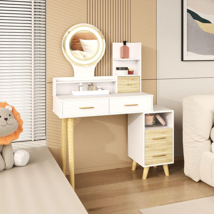 Elegant White Dressing Table with LED Mirror and Storage Drawers - White
