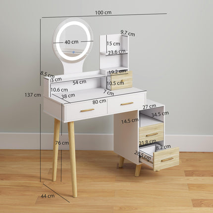 Elegant White Dressing Table with LED Mirror and Storage Drawers - White
