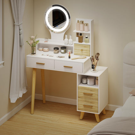 Elegant White Dressing Table with LED Mirror and Storage Drawers - White