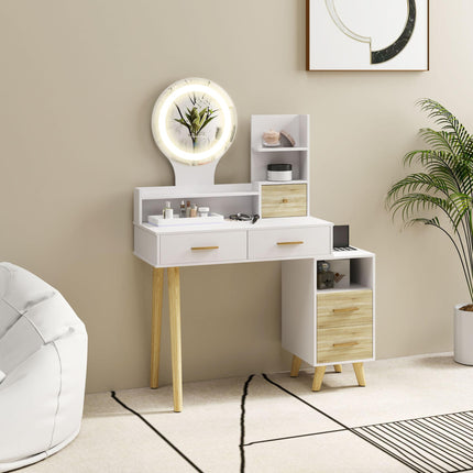 Elegant White Dressing Table with LED Mirror and Storage Drawers - White