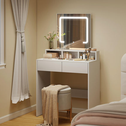 Modern Dressing Table with LED Mirror and Storage Drawers - White