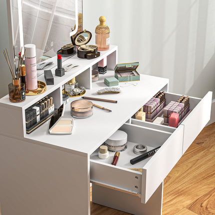 Modern Dressing Table with LED Mirror and Storage Drawers - White
