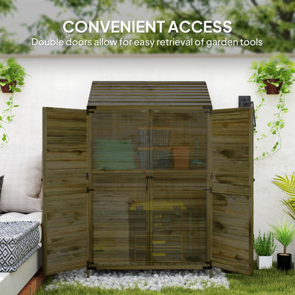 Two-Tier Wooden Garden Storage Shed with Shelves - Green