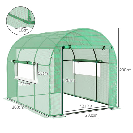 Walk-In 300x200cm Polytunnel Greenhouse with Zipped Doors - Green