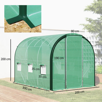 3 x 2 Metre Polytunnel Greenhouse with Windows and Doors - Green