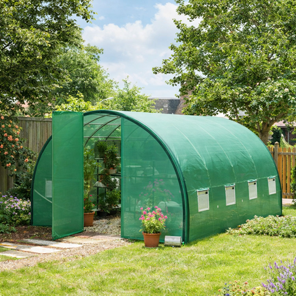 4 x 3 Metre Polytunnel Greenhouse with Windows and Doors - Green