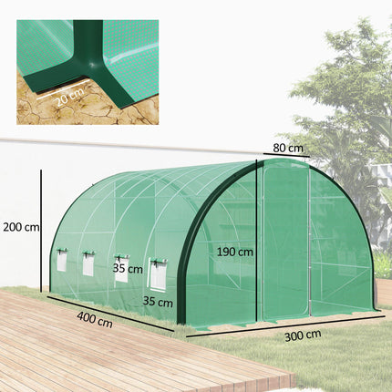 4 x 3 Metre Polytunnel Greenhouse with Windows and Doors - Green