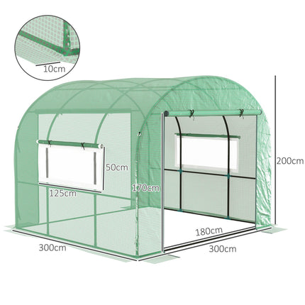 300 x 300cm Walk-In Polytunnel Greenhouse with Mesh Windows - Green