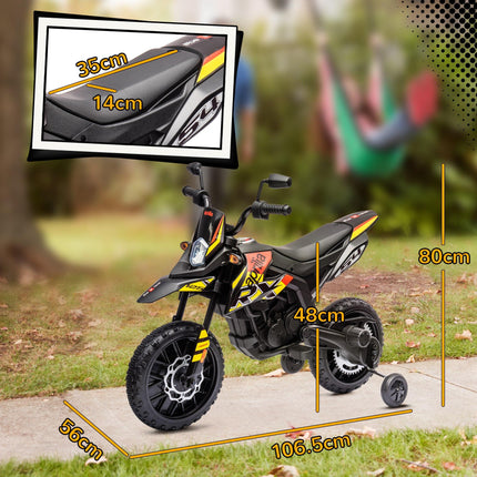 12V Aprilia Licensed Kids Motorbike with Training Wheels, LED Light, USB & Music - Yellow