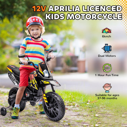 12V Aprilia Licensed Kids Motorbike with Training Wheels, LED Light, USB & Music - Yellow