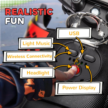 12V Aprilia Licensed Kids Motorbike with Training Wheels, LED Light, USB & Music - Yellow