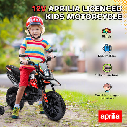 12V Aprilia Licensed Kids Motorbike with Training Wheels, LED Light, USB & Music - Red