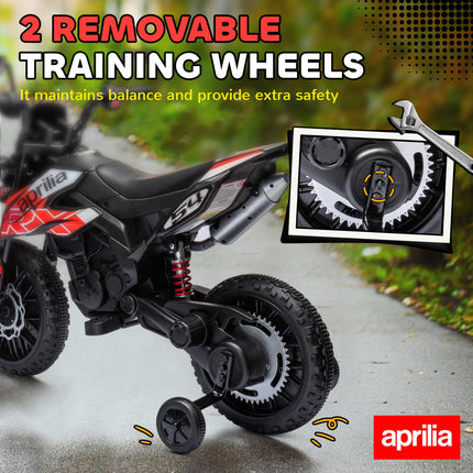 12V Aprilia Licensed Kids Motorbike with Training Wheels, LED Light, USB & Music - Red