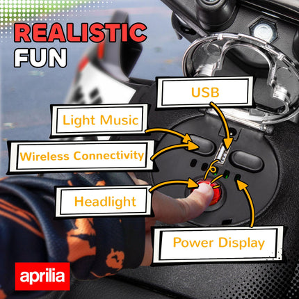 12V Aprilia Licensed Kids Motorbike with Training Wheels, LED Light, USB & Music - Red