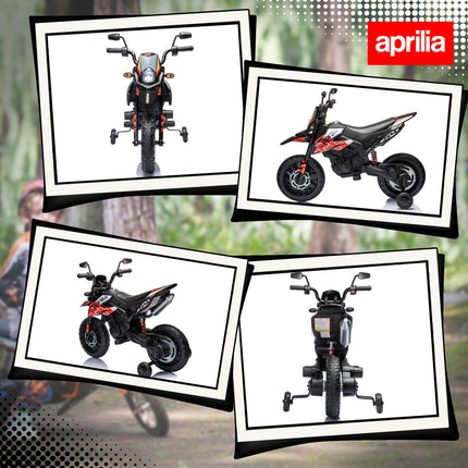 12V Aprilia Licensed Kids Motorbike with Training Wheels, LED Light, USB & Music - Red
