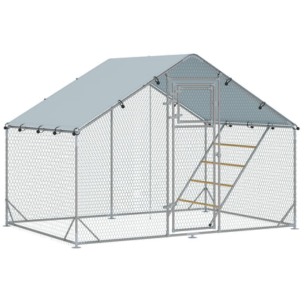 Walk-in Chicken Run for 6-8 Poultry with Cover, Feeding Door, Feeder & Perch - Silver