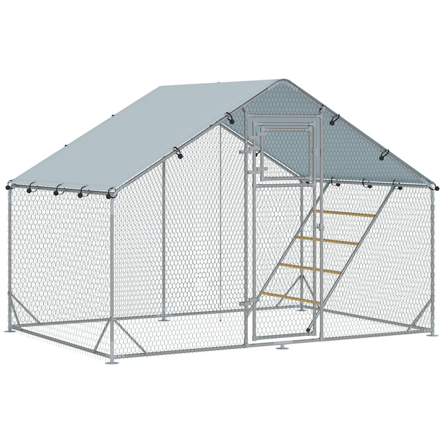 Walk-in Chicken Run for 6-8 Poultry with Cover, Feeding Door, Feeder & Perch - Silver