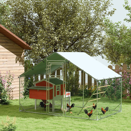 Walk-in Chicken Run for 6-8 Poultry with Cover, Feeding Door, Feeder & Perch - Silver